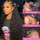 Kdmidun 28 Inch 13x6 Deep Wave Lace Front Wigs Human Hair Pre Plucked 200% Density 13x6 HD Transparent Lace Frontal Curly Wigs Human Hair Glueless Deep Curly Human Hair Wigs For Women Natural Black
