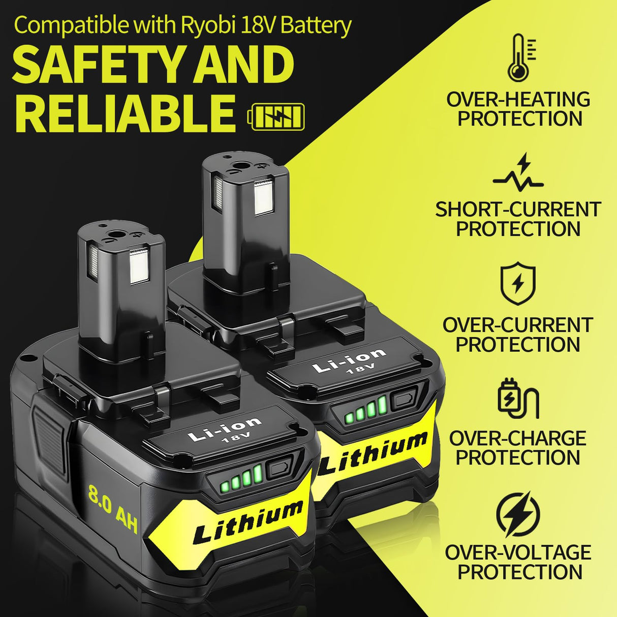Ultraxxis 2 Packs 8.0Ah High Capacity Replacement for Ryobi 18v Battery P108 P104 P105 P102 P103 P122 P109 Li-ION Compatible with Ryobi 18V ONE+ System Cordless Power Tools and Charger