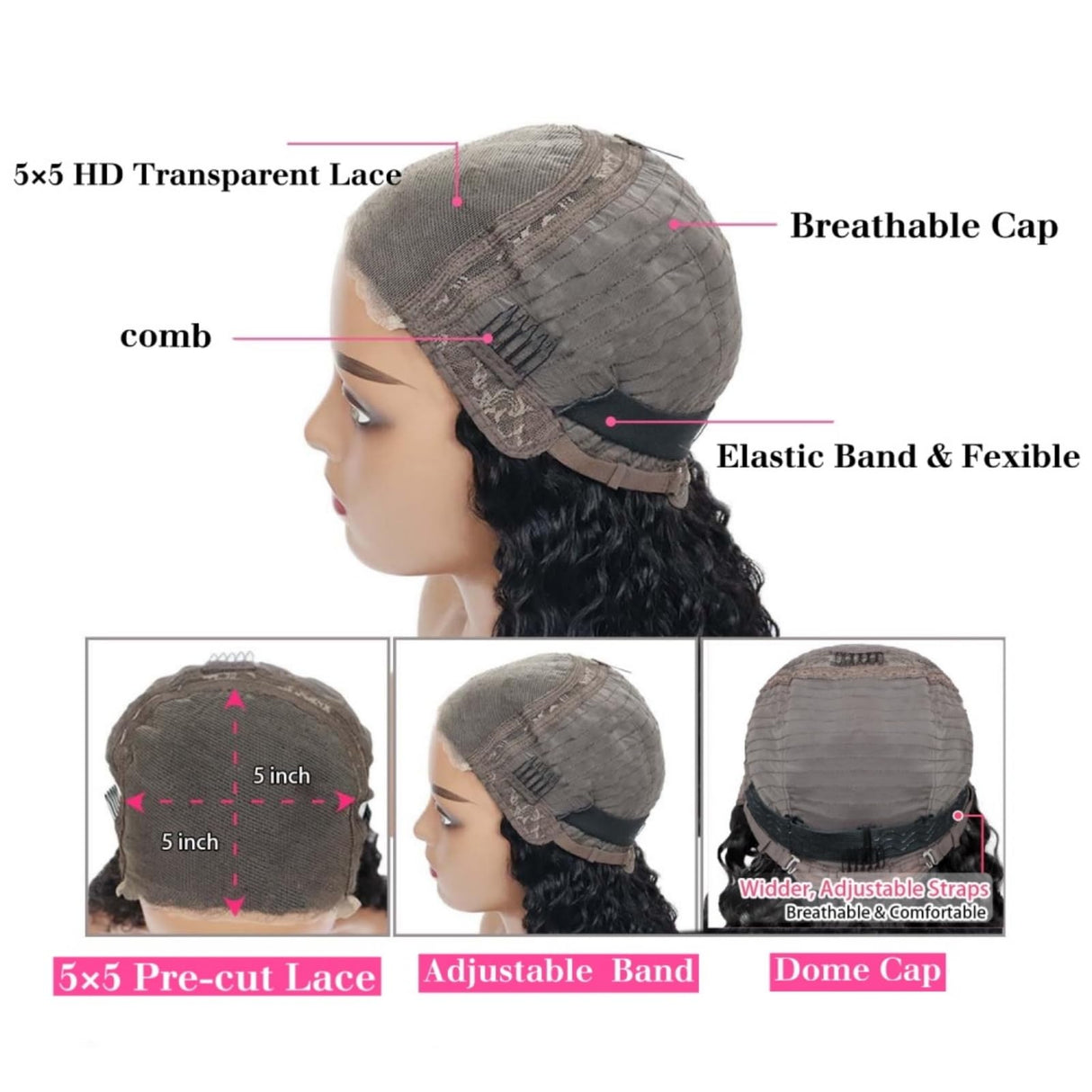 Ksfull Deep Wave Lace Front Human Hair Wigs for Black Women 5x5 Hd Lace Closure Wig Curly Human Hair Pre Cut Wear and Go Glueless Wet and Wavy Wigs Pre Plucked 180% Density Natural Color 22 inch