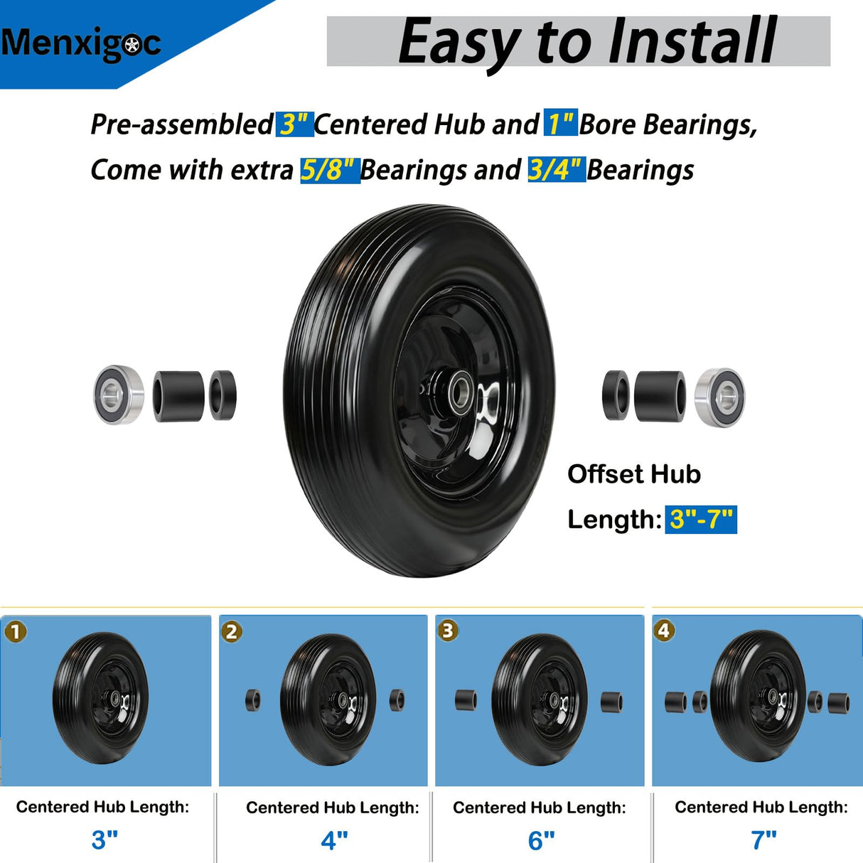 4.80/4.00-8 Solid Wheel with 1" Bore, 4.80-8 Tire with 3" Centered Hub - Complete Kit Includes Bearings & Spacers - for Wheelbarrow Log Splitter Wheel Barrel Yard Cart Garden Wagons - 2Pack