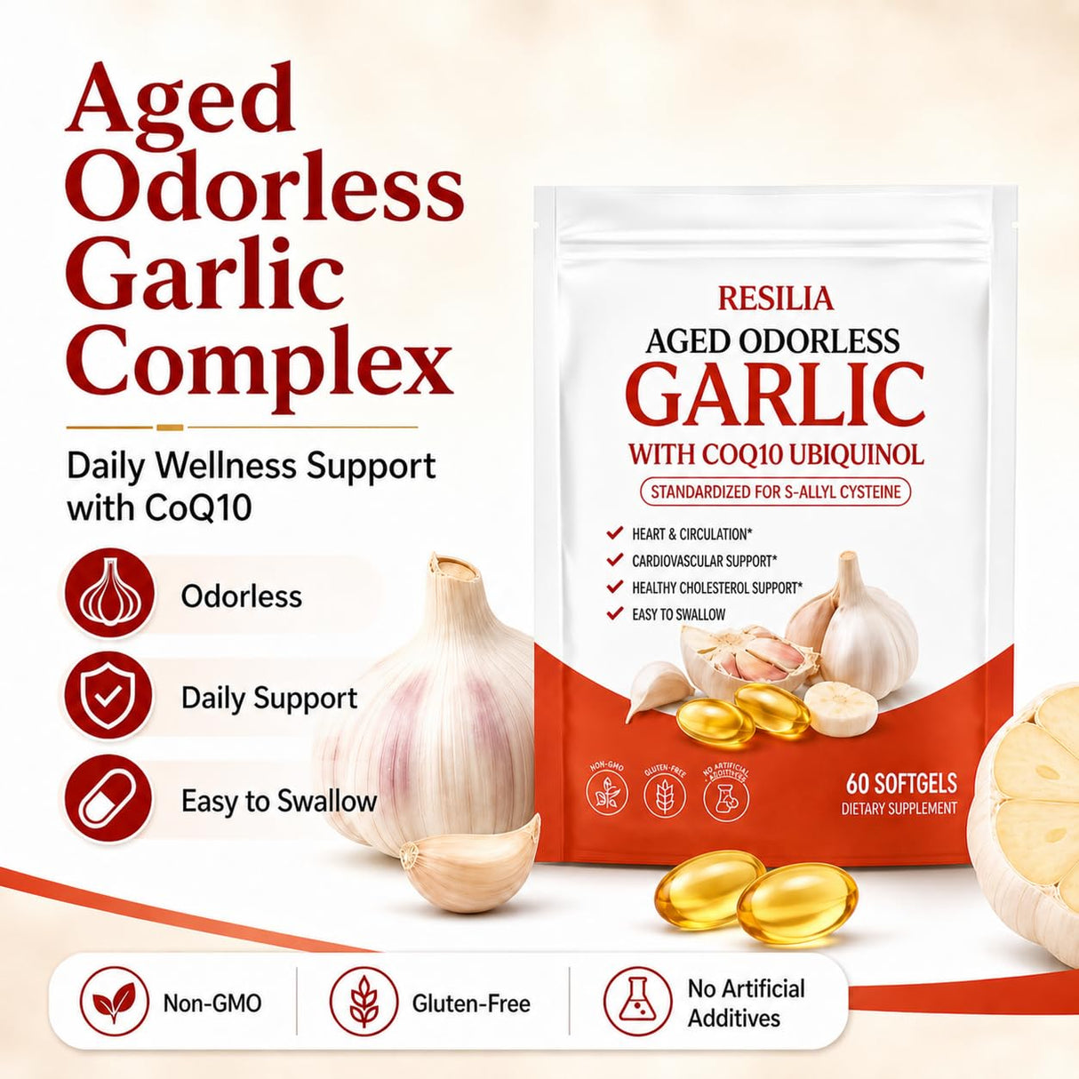 Resilia Aged Garlic Extract 600mg Softgels (60 Count), Daily Wellness Support Softgels for Adults