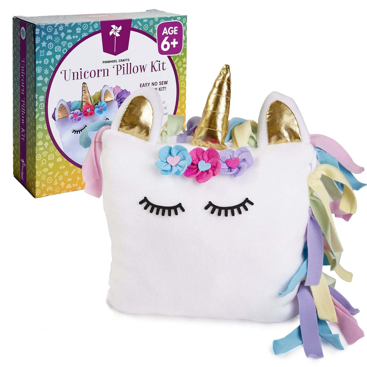 Pinwheel Crafts White Unicorn Pillow Kit Ages 8–12 | Beginner Sewing kit for Kids with Felt Unicorn Pieces, Thread, Needle & Stuffing | DIY Kids Sewing Craft for Creative Girls & Boys