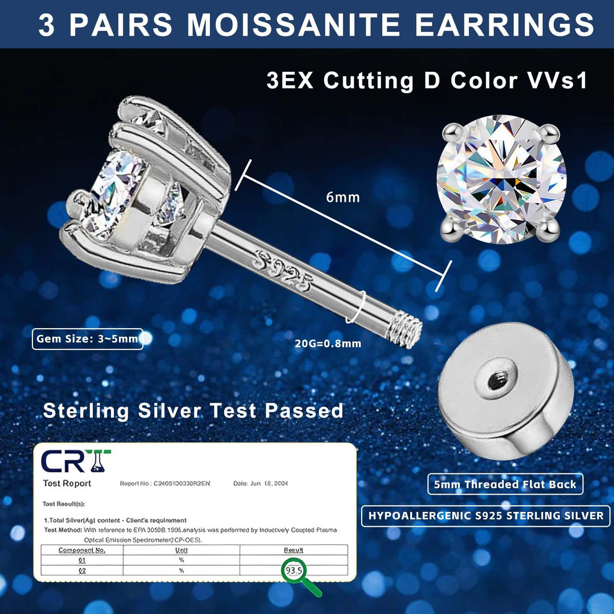3 Pairs Moissanite Stud Earrings for Women Men S925 Sterling Silver Flat Back Earring D Color VVS1 Moissanite Cartilage Jewelry Set (Silver)