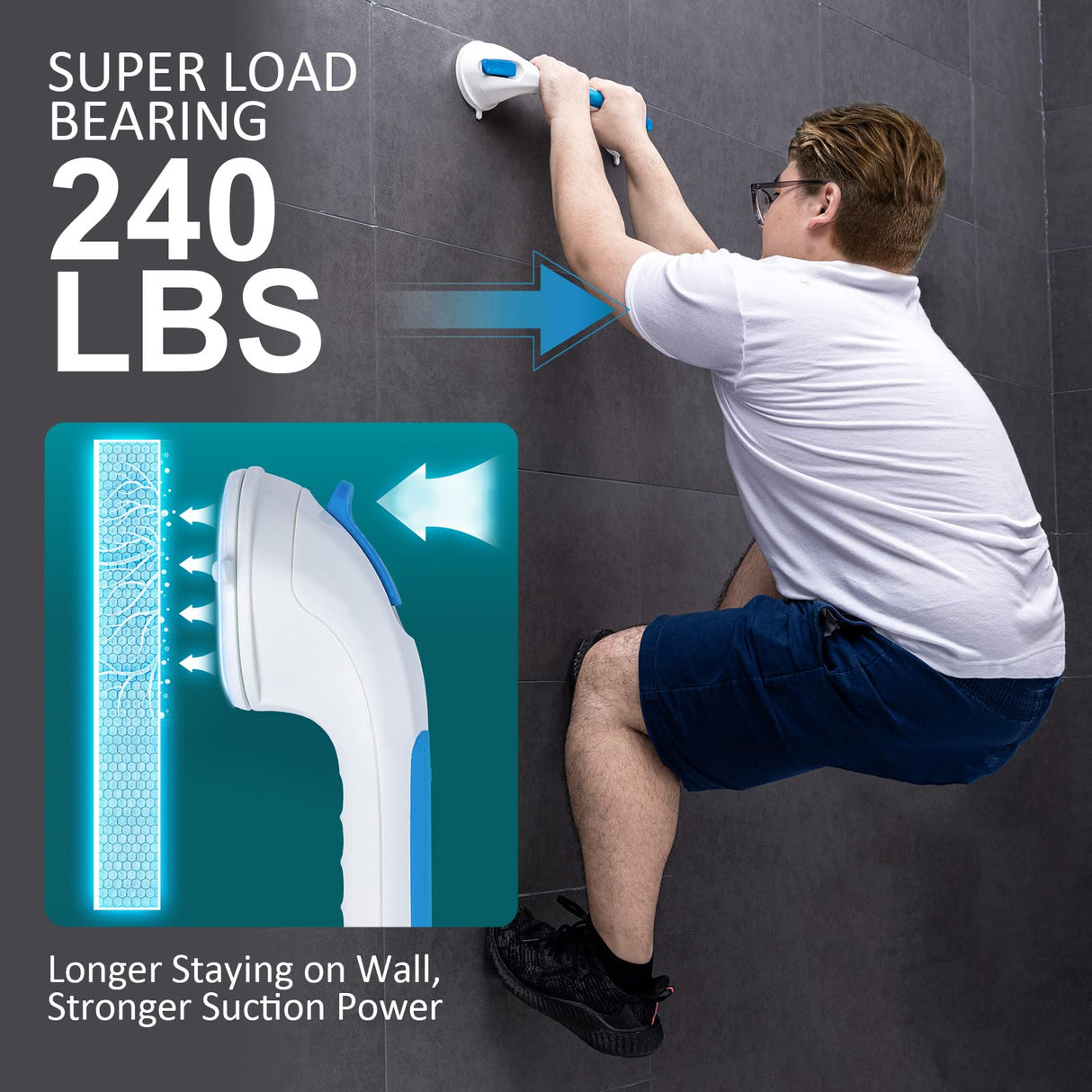 TAILI Shower Grab Bar 2 Pack Suction Grab Bars for Bathtubs and Showers, Heavy Duty Shower Handle Removable Bathroom Safety Grip for Seniors and Elderly, Shower Handrails No Drilling Waterproof, Blue