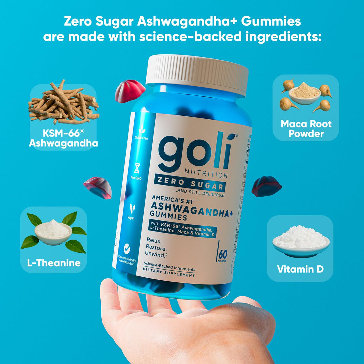 Goli Zero Sugar Ashwagandha & Vitamin D, Maca, L-Theanine Gummies, No Artificial Sweeteners, No Sugar Alcohols. Mixed Berry, KSM-66, Vegan, Plant Based, Non-GMO, Gluten-Free & Gelatin Free. (3)
