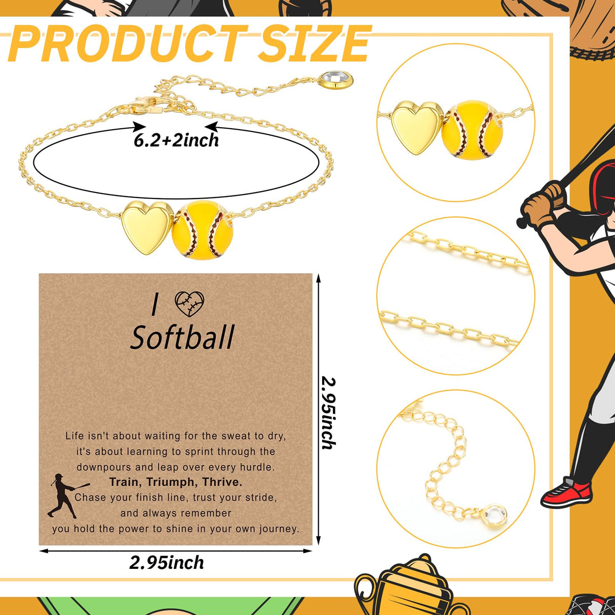 Tondiamo 12 Sets Baseball Volleyball Softball Soccer Tennis Football Bracelet for Women Dainty Gold Plated Heart Bracelets Sport Lovers Gifts Sports Jewelry Gifts(Softball)
