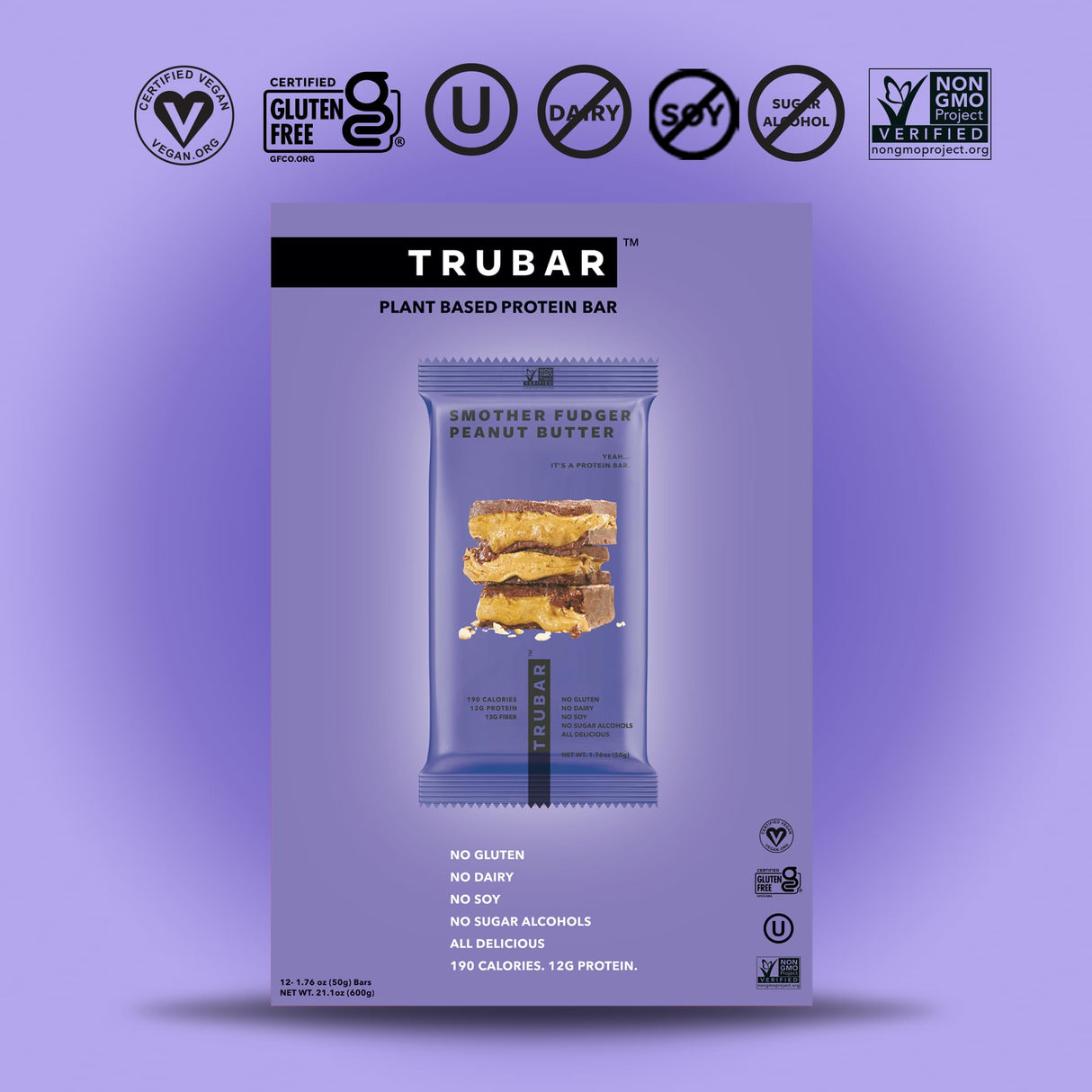 TRUBAR Vegan Protein Bar, Smother Fudger Peanut Butter, Gluten Free, Plant Based, High Fiber, Dairy Free, Low Fat, No Sugar Alcohols, 12G Lean Protein, 13G Fiber, Healthy Snack Bars, 12 CT