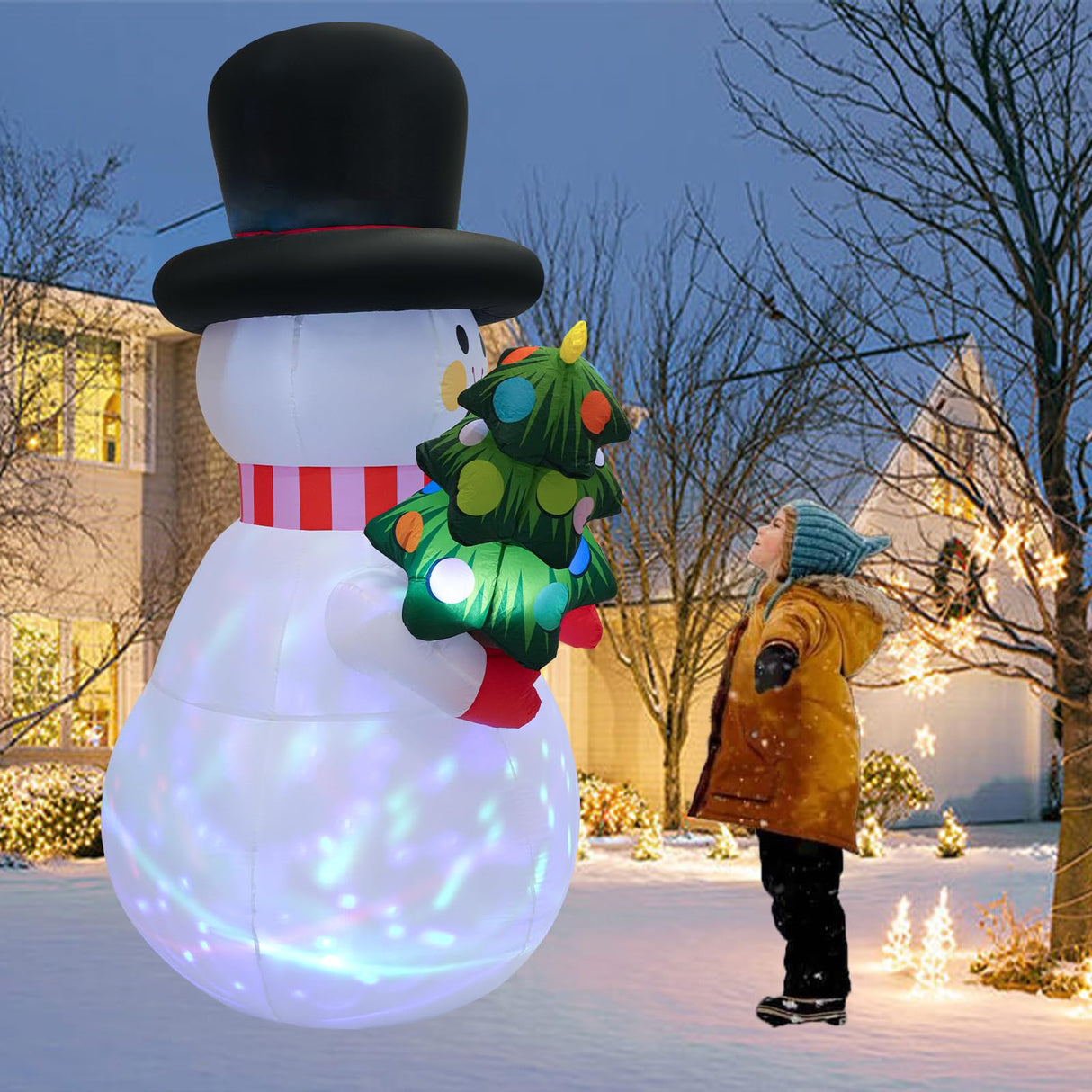 SRKLH 8 FT Christmas Inflatables Snowman Yard Decoration, Blow Up Snowman with Christmas Tree Outdoor Decoration with Rotating LED Lights for Holiday Party Garden Lawn Decor, Xmas New Year Kids Gifts