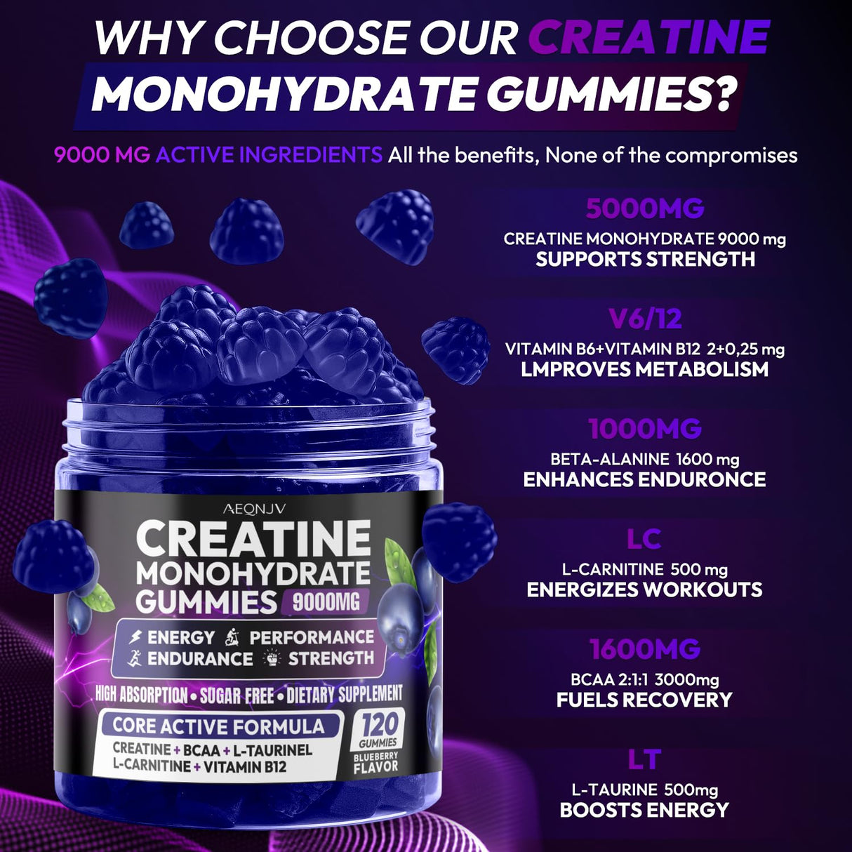 AEQNJV Creatine Gummies Monohydrate Complex for Men & Women, 9000MG Creatine Pre-Workout Supplement Enhance Muscle Strength Recovery Cognitive Health & Memory, 120 Gummies Sugar Free Vegan Non-GMO