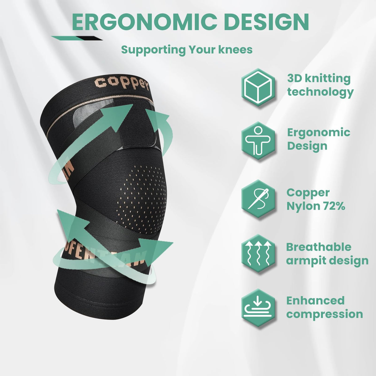 JIUFENTIAN Knee Support for Women and Men with Strap (2pack) Copper Knee Brace for Women Arthritis Pain-Knee Sleeves for Working Out,Running and Knee Pain Relief(X-Large)