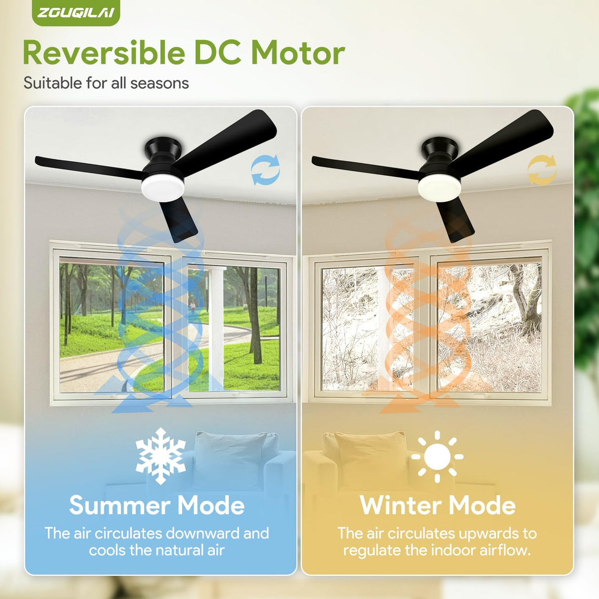 ZOUQILAI Ceiling Fans with Lights - 42 Inch Low Profile Ceiling Fan with Light and Remote, Reversible DC Motors, 3CCT Dimmable Timer Noiseless, Black Flush Mount Ceiling Fan for Bedroom/Living Room