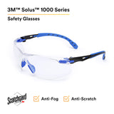 3M Safety Glasses for Men and Women, Solus 1000 Series, ANSI Z87, Scotchgard Anti-Fog, Clear Lens, Low Profile, Blue/Black Frame