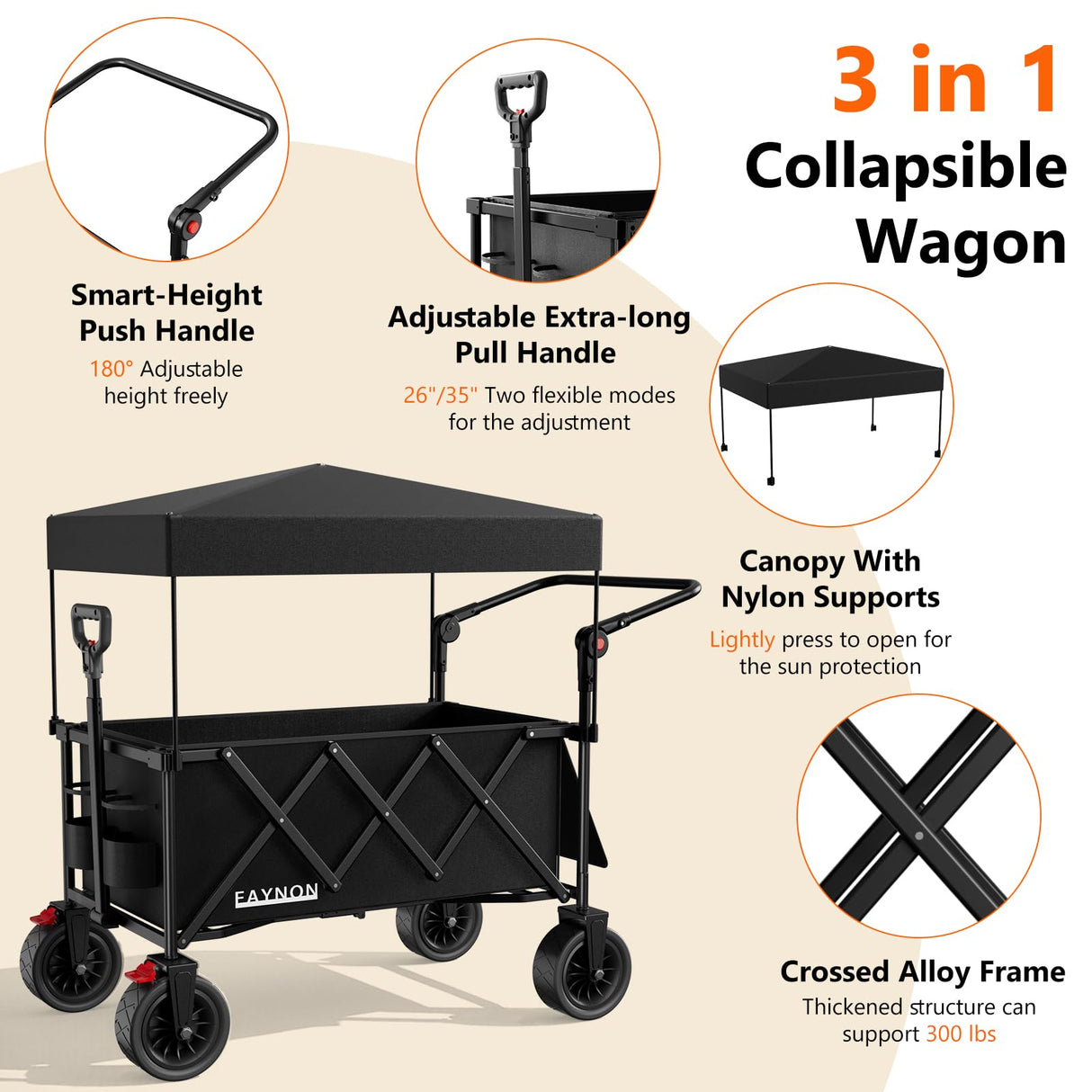 3 in 1 Collapsible Wagon with 300lbs Weight Capacity,150L Heavy Duty Utility Cart with Removable Canopy,with Big All-Terrain Beach Wheels & Drink Holders,Black