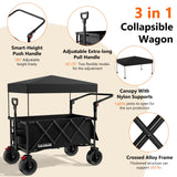3 in 1 Collapsible Wagon with 300lbs Weight Capacity,150L Heavy Duty Utility Cart with Removable Canopy,with Big All-Terrain Beach Wheels & Drink Holders,Black