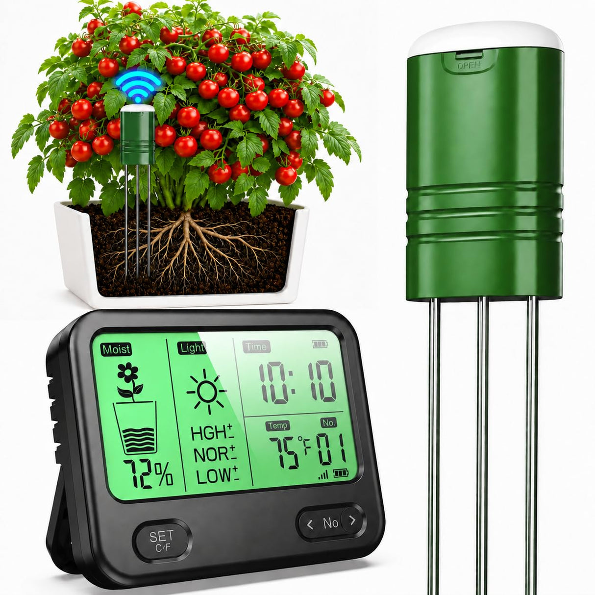 Soil Moisture Meter for Plants,4-in-1 Wireless Soil Tester,Soil Thermometer/Moisture/Sunlight Time,Large Screen,Indoor/Outdoor Plant Water Meter,Garden Soil Test Kit for Lawn,Farm,Houseplants
