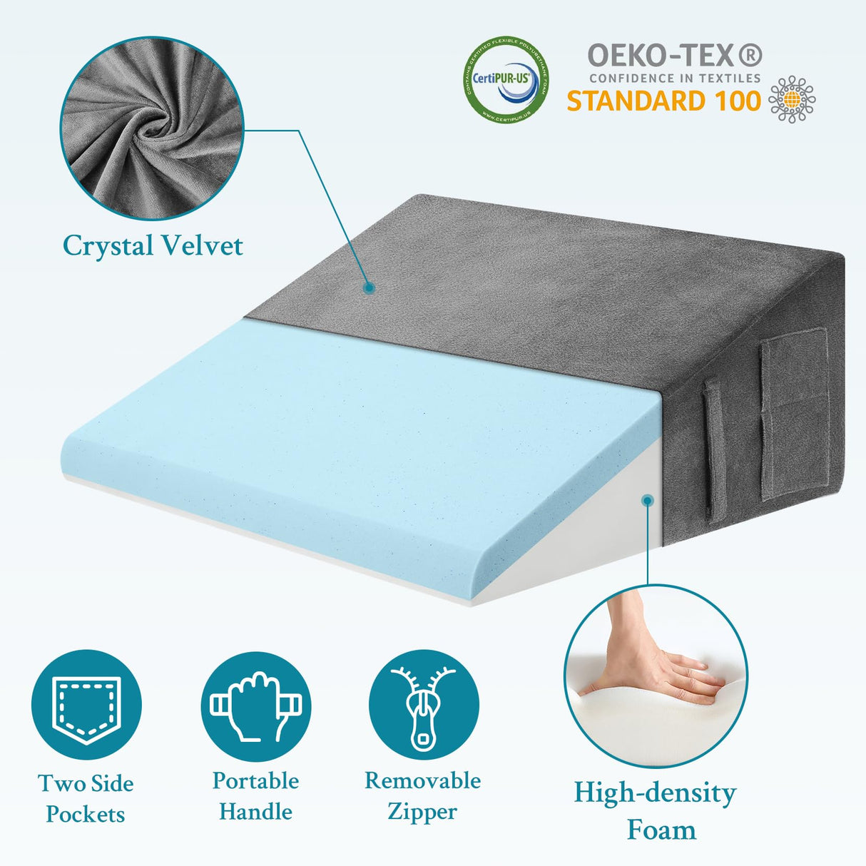 Domusensus Wedge Pillow for Sleeping, 10" Bed Wedge Pillow for After Surgery, Triangle Pillow Wedge for Heartburn, Acid Reflux, GERD, Back Pain Relief, Neck Pain, Soft & Cooling Memory Foam Top