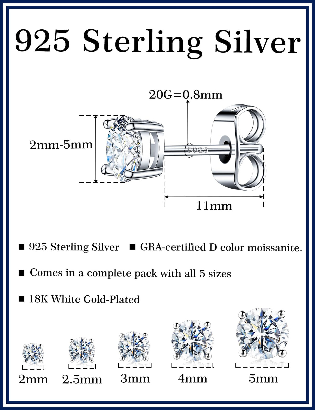 Kosuwo Moissanite Stud Earrings Set, 925 Sterling Silver, 18K White Gold Plated, Hypoallergenic, 5 Pairs, for Women and Men (18K White Gold)