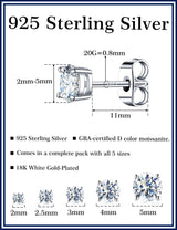 Kosuwo Moissanite Stud Earrings Set, 925 Sterling Silver, 18K White Gold Plated, Hypoallergenic, 5 Pairs, for Women and Men (18K White Gold)