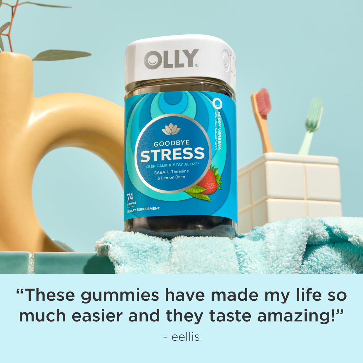 OLLY Goodbye Stress Gummy, GABA, L-Theanine, Lemon Balm, Stress Relief Supplement, Berry - 74 Count