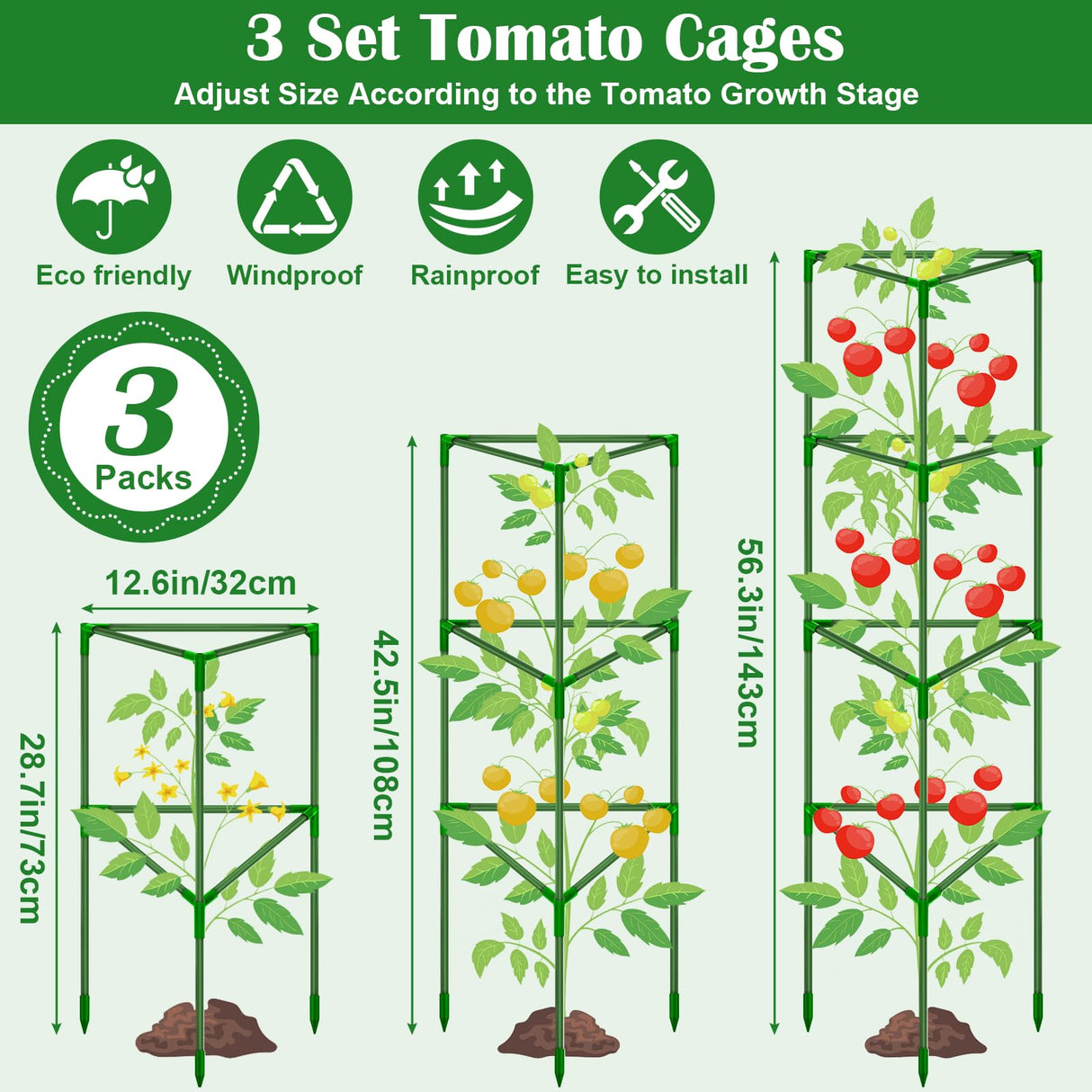 3 Packs Fiberglass Tomato Cages for Garden, 56 Inch Tall Tomato Plant Support, Adjustable Tomatoes Stakes Plant Climbing Trellis for Garden Vegetables Fruits, Tomatoes Support Cages with Clips