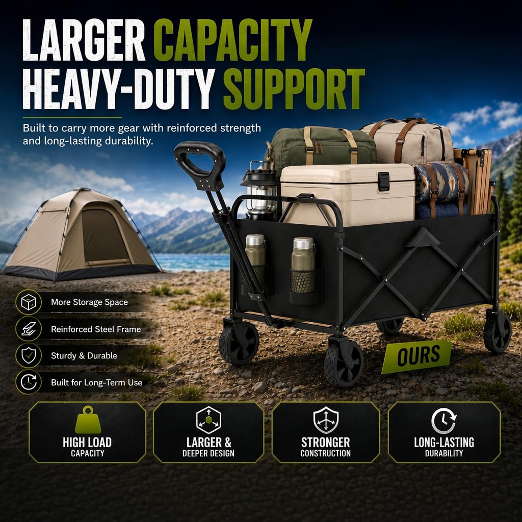 Foldable Wagon Cart, Collapsible Heavy Duty Utility Wagon with All Terrain Wheels, Folding Beach Wagon for Sand, Garden, Grocery, Sports, Camping and Outdoor Use