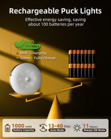 EZVALO Under Cabinet Lighting,1000mAh Rechargeable Puck Lights with Remote,3 Color Temps & 12 RGB Motion Sensor Closet Lights Indoor,Dimmable Under Cabinet Lights for Kitchen,Cabinets,Closet (3 Packs)