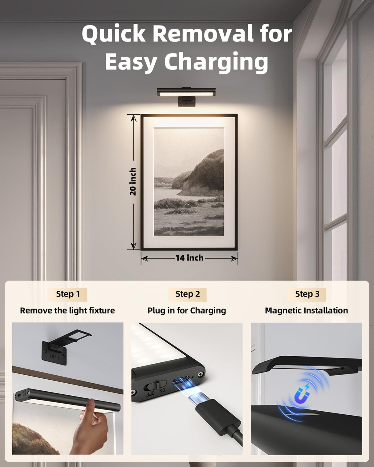 EZVALO Picture Light for Wall, Rechargeable 2400mAh Battery Lights Wireless with IR Remote, 3 Color & Dimmable Magnetic 7.8'' LED Lights Display for Painting, Living Room, Gallery, Bedroom(Black-3P)