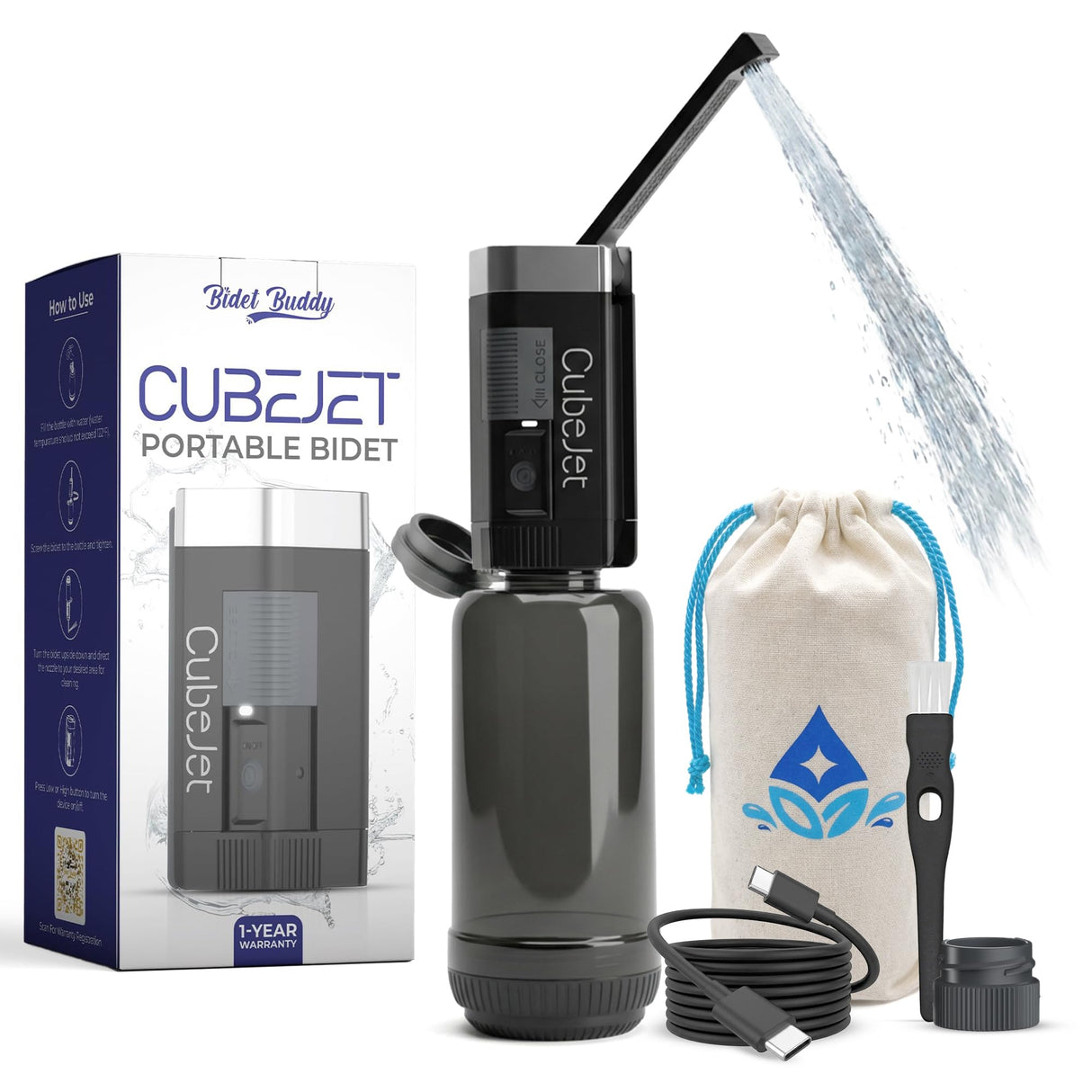 BIDET BUDDY® CubeJet Portable Bidet for Travel - 380ml Bottle, 1100mAh Rechargeable Battery, IPX6 Waterproof Wand-Style Nozzle, USB-C High-Pressure Hygiene Device for Camping & Home