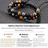 HASKARE Triple Protection Bracelet, Genuine Tigers Eye Black Obsidian and Hematite 8mm Beads Bracelet for Men Women, Crystal Jewelry Stone Bracelets Christmas Gifts for Men Bring Luck Prosperity