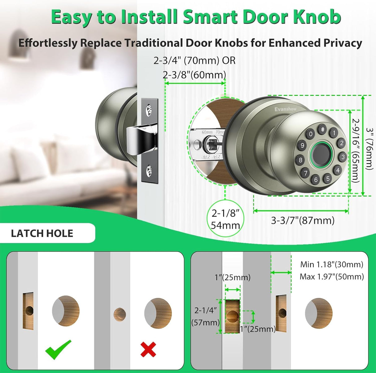 Smart Door Knob Fingerprint Door Lock 4-in-1 Keyless Entry (Fingerprint/App/Code/Key) with Auto-Lock Easy Install for Home/Bedroom/Office-Silver