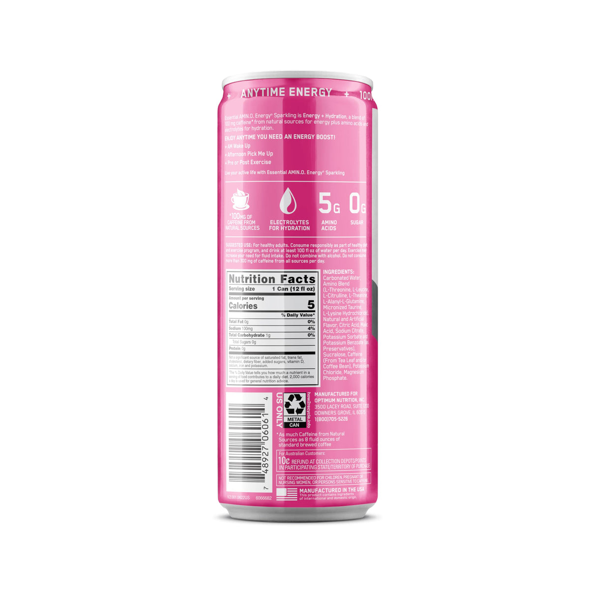 Optimum Nutrition Amino Energy Sparkling Hydration Drink, Electrolytes, Caffeine, Amino Acids, BCAAs, Sugar Free, Watermelon, 12 Fl Oz, (Packaging May Vary),12 Count (Pack of 2)