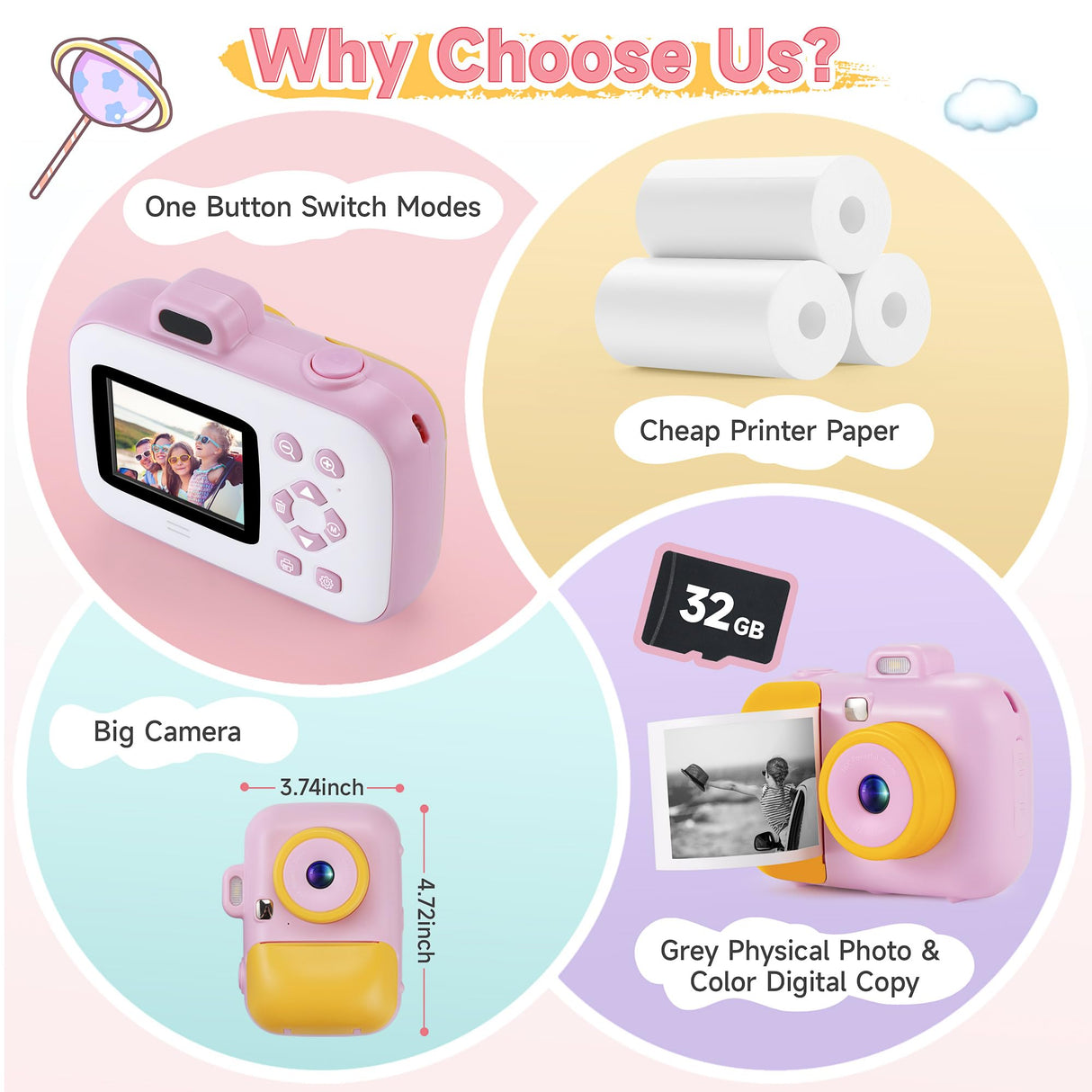 Kids Camera Instant Print for Girls Boys Age 3-12 Kids Toys, 12MP 1080P Kids Digital Cameras Christmas Birthday Gifts for 4 5 6 7 8 9 10 Year Old Girls, Toddler Camera