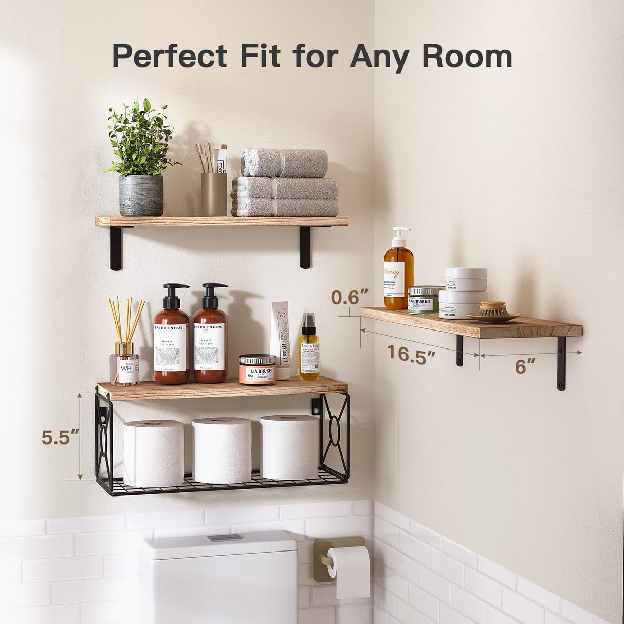 Amada Bathroom Shelves Over Toilet with Storage Basket, Floating Wall Shelf for Home Organization & Wall Decor, Bathroom/Kitchen/Living Room Shelves–Natural Wood