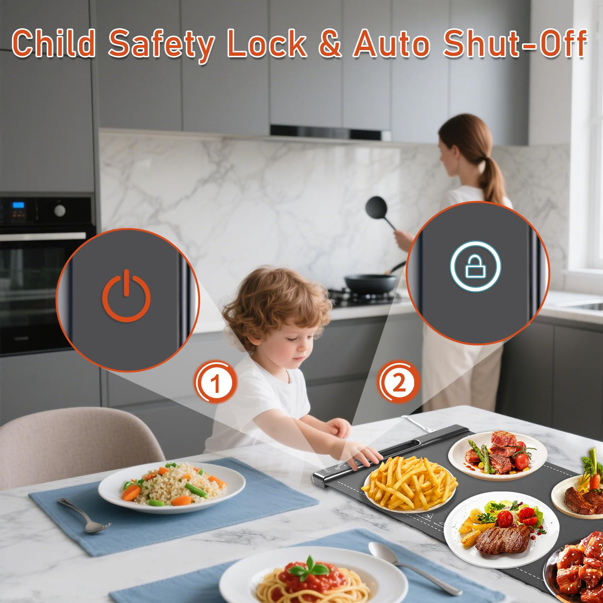 Warming Mat for Food, Electric Warming Tray, Silicone Food Warming Mat with 7 Temperature Levels & 1-4H Timer, Auto Shut-Off, Rollable & Portable, 23.62"*14.96" Food Warmers for Parties, Buffet, Gray