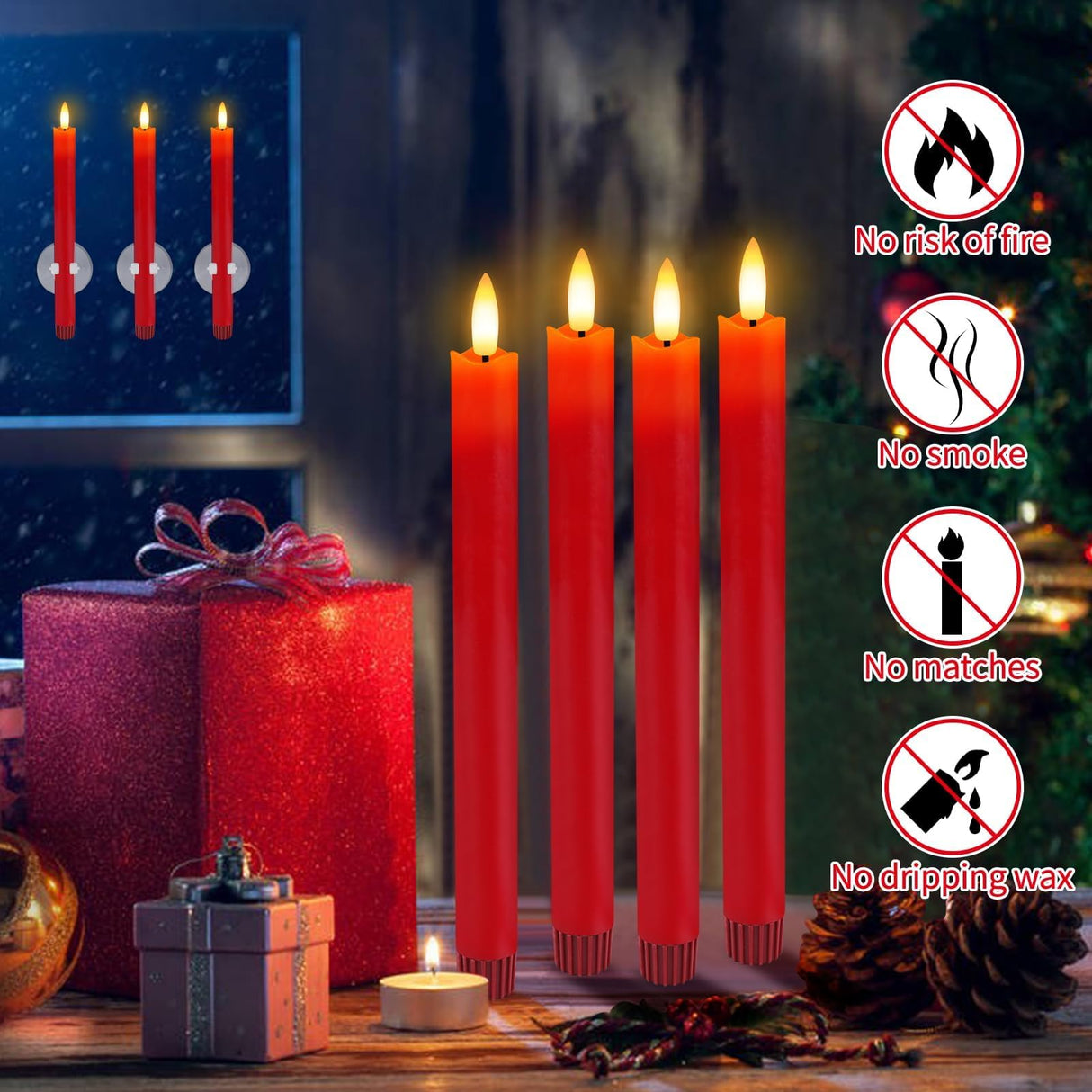 HINZER 6 Pcs Flameless Taper Candles with Remote & Timer 9.6 inch Real Wax Battery Operated LED Warm 3D Wick Flickering Window Candles for Halloween Christmas Wedding Decor, Red