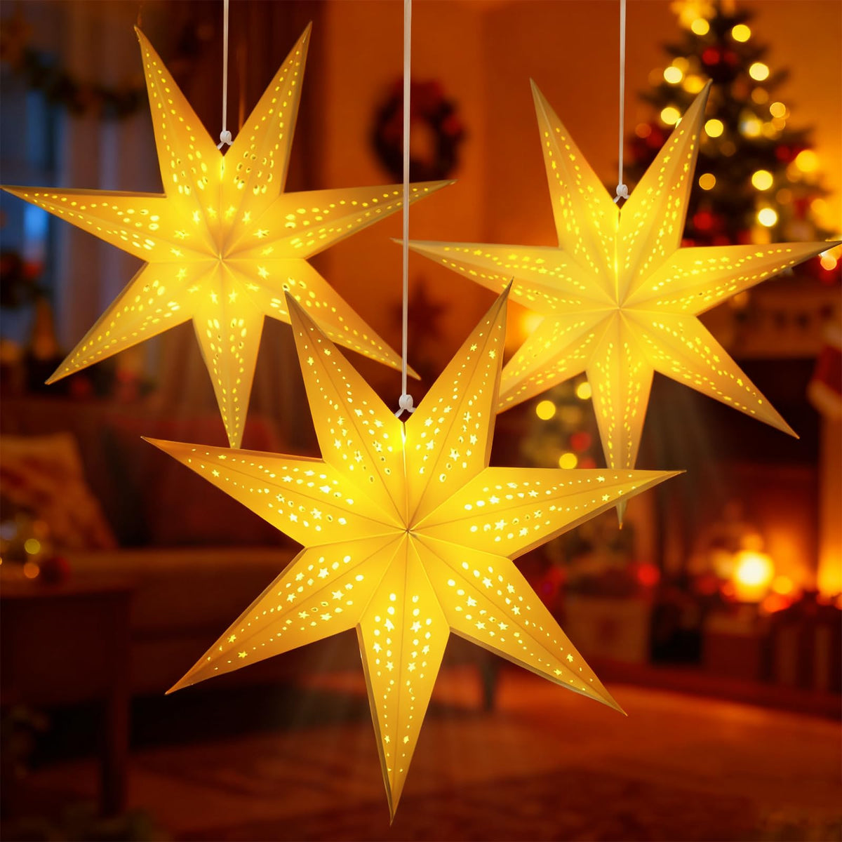 Paper Star Lanterns with Lights, Christmas Hanging Decor Indoor, 3-Pack
