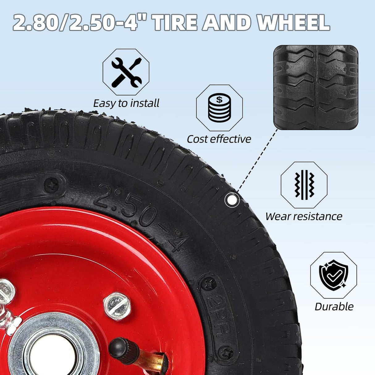 AR-PRO (2-Pack) 2.80/2.50-4" Tire and Wheel Set - 8 Inch Wheelbarrow Tire and Wheel Replacement with 3/4" Bearings and 3" Centered Hub - Extra Adapter kit includes 1/2" Bearings