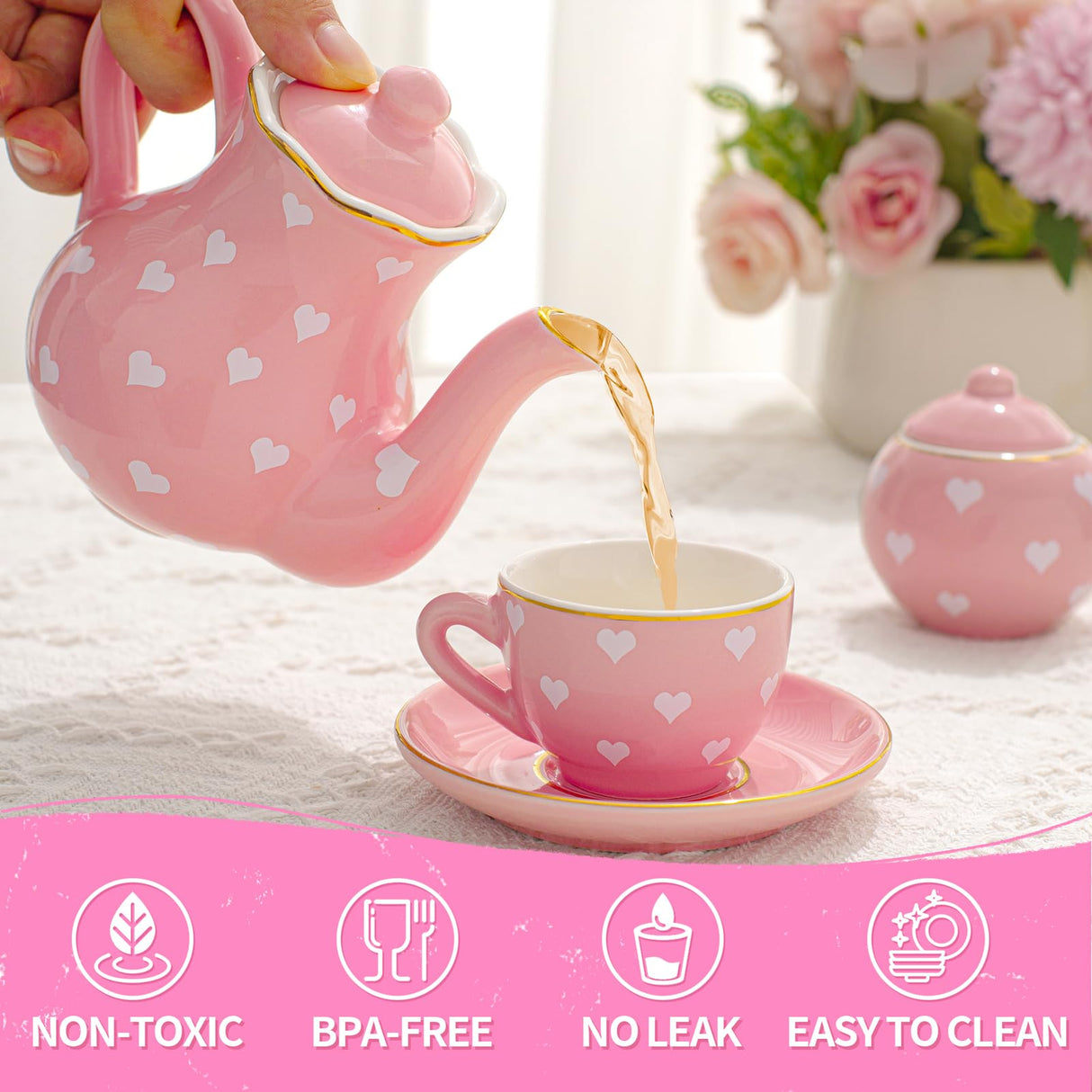 TUZT Porcelain Tea Party Set for Little Girls, Kids, Toddlers - 13Pcs Pink Heart Ceramic Set with Pot, Cups, Saucers & Carrying Case - Pretend Play Kitchen Toys - Christmas Birthday Gift for Girls