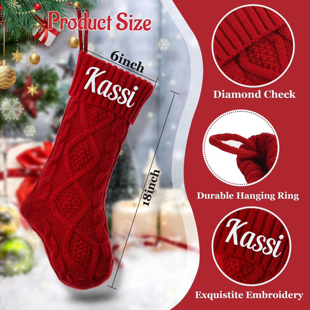 Personalized Christmas Stocking，Custom Name Family Christmas Stocking, 18” Large Knitted Xmas Stocking for Kids,Holiday and Family Stocking for Fireplace Christmas Holiday Party Decoration (3 pcs)