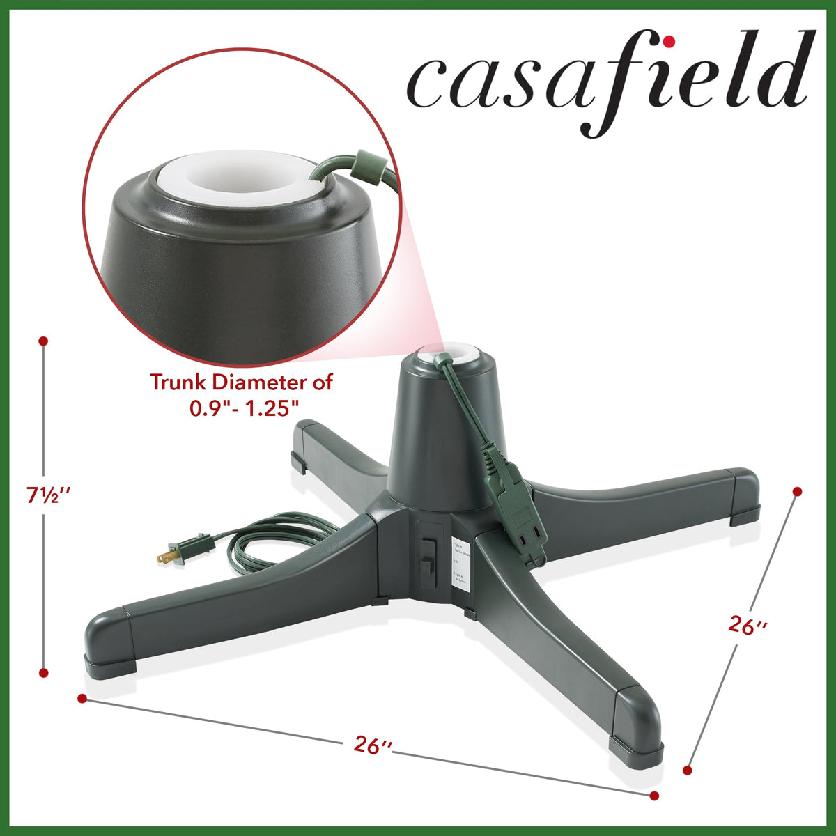 Casafield 360-Degree Rotating Christmas Tree Stand - Adjustable Revolving Base for Up to 7.5 FT Artificial Tree with 3 Built-in Electrical Outlets, Green