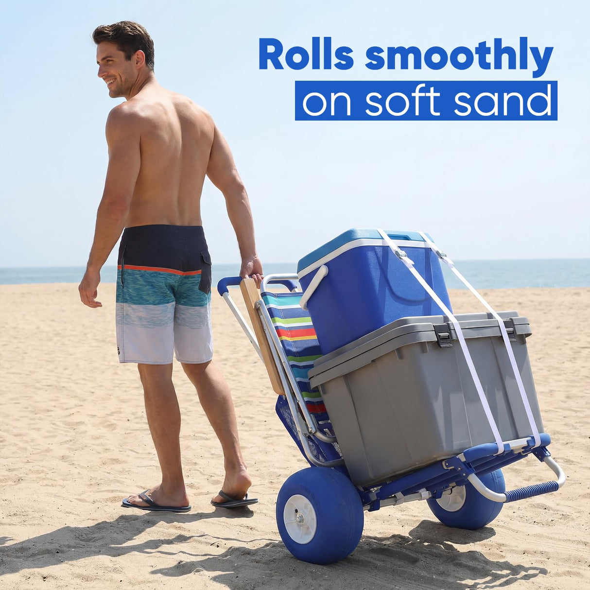 Sekey Beach Wagon with 12" Big Wheels for Sand, Heavy Duty Collapsible Beach Cart with Balloon Tires, Foldable Utility Sand Wagon for Outdoor Camping, Fishing & Groceries. Blue