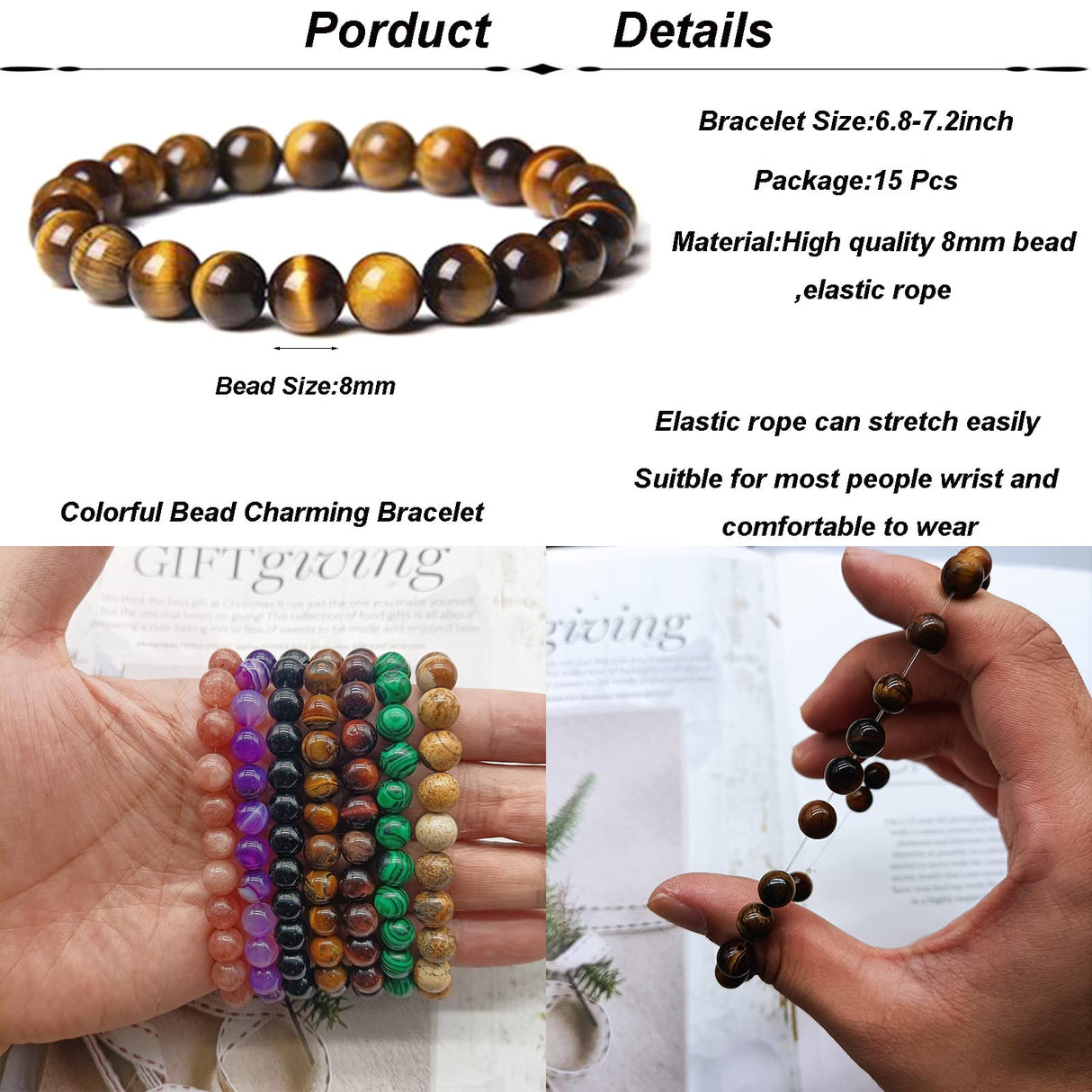 SONNYX 15 PCS 8mm Gorgeous Semi-Precious Gemstones Bracelets Unisex