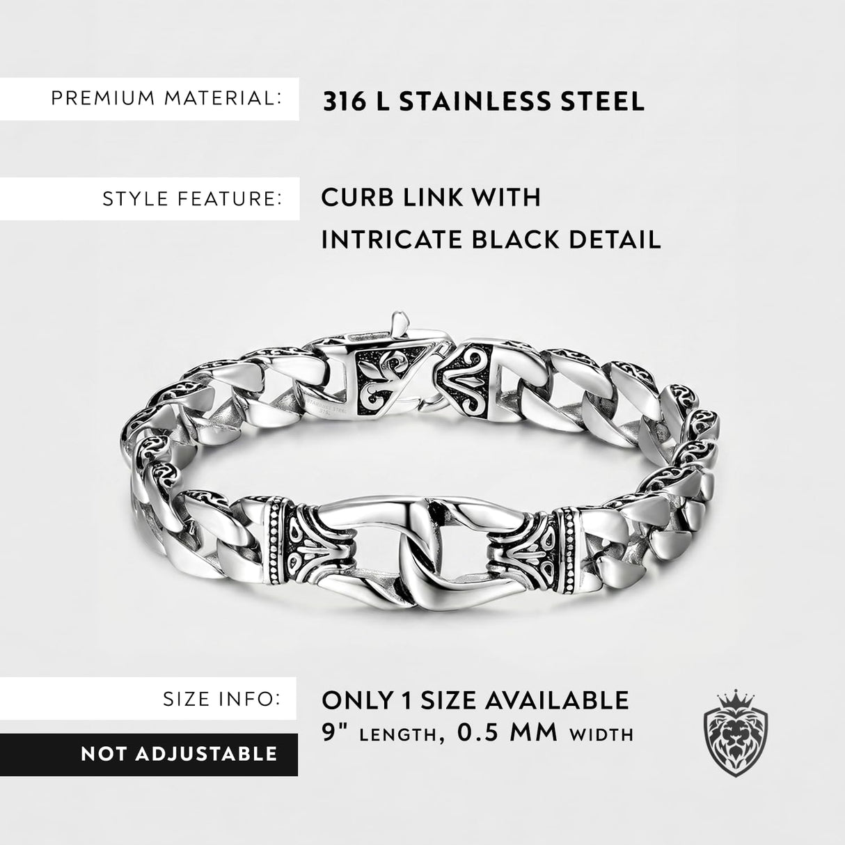 Urban Jewelry Men’s 316L Stainless Steel Link Bracelet, Black & Silver, 8.5" Length, Heavy Chain, Scratch Resistant, Hypoallergenic, Gift Ready