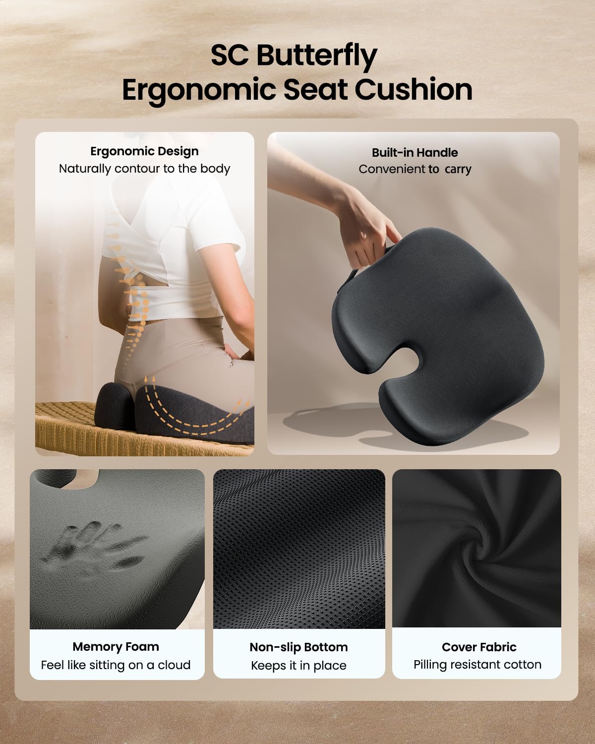 ProtoArc Seat Cushion for Tailbone Pain Relief, Office Chair Cushion, Coccyx Cushion, Ergonomic Memory Foam Seat Cushion for Home, Car, Pressure Relief Pad for Hip, Coccyx, All Day Comfort - Black