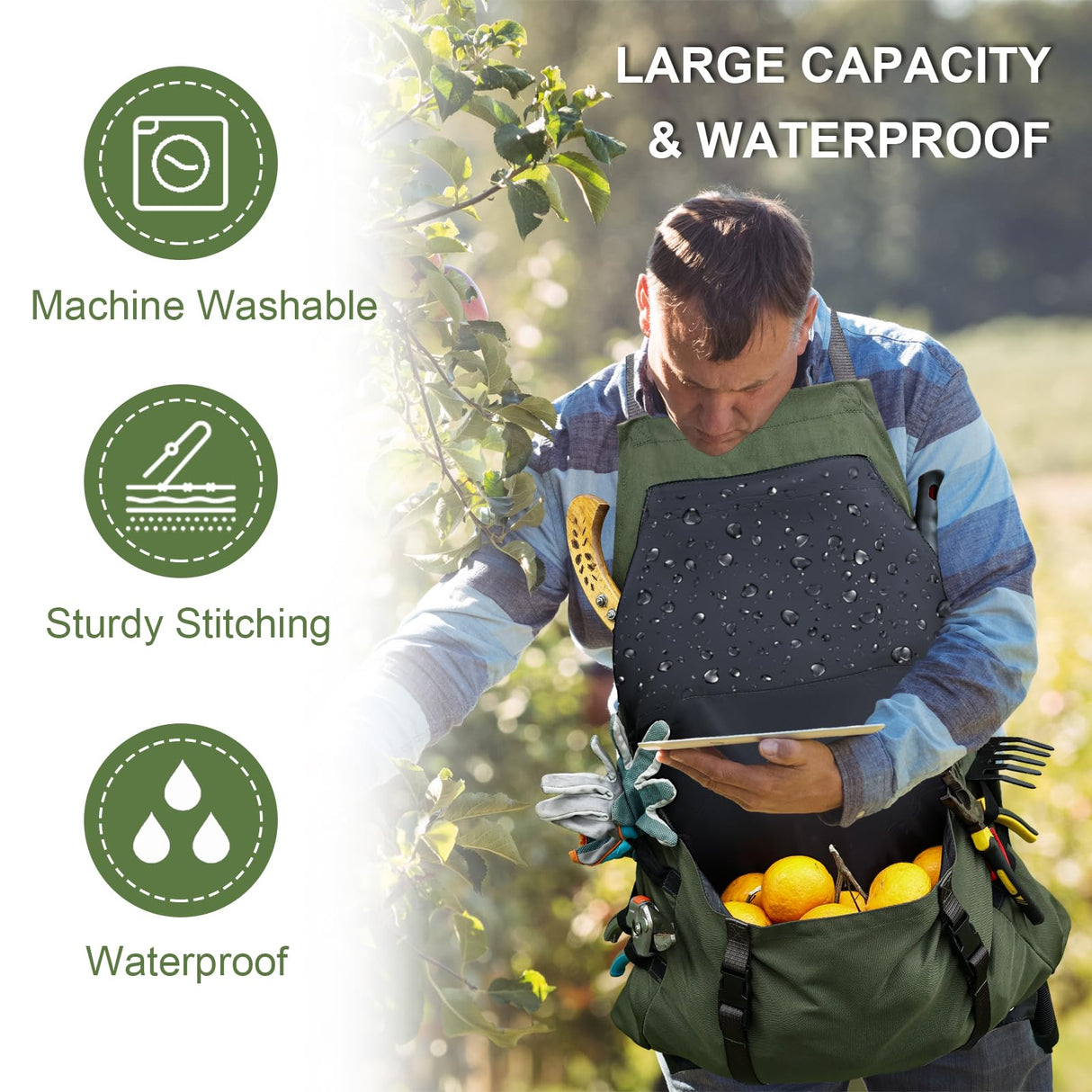 Extra Gardening Apron Waterproof Cross Back Apron Women, 600D Polyester Heavy Duty Men Apron Harvest Bag, Over 30% Larger Than Standard Models, Adjustable Straps and Large Quick Release Pockets Green