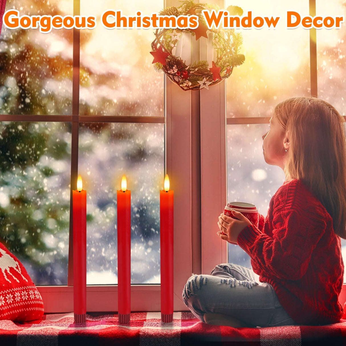 HINZER 6 Pcs Flameless Taper Candles with Remote & Timer 9.6 inch Real Wax Battery Operated LED Warm 3D Wick Flickering Window Candles for Halloween Christmas Wedding Decor, Red