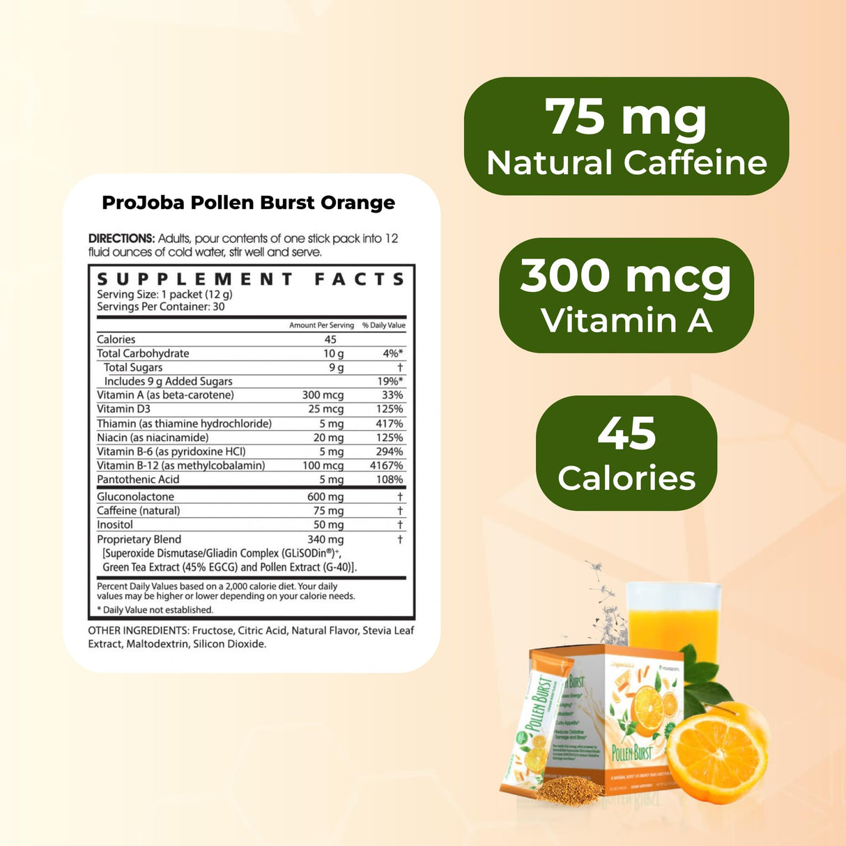 Youngevity ProJoba Pollen Burst™ - Clean Natural Energy Supplement w/Green Tea, Pollen Extract, GliSODin® - Increase Focus, Brain Boost, Endurance, Mental Clarity (30 Sticks)