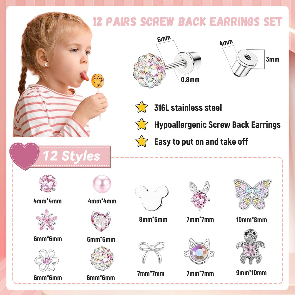 LOFITOR Hypoallergenic Screw Back Earrings for Little Girls Kids Women Cute