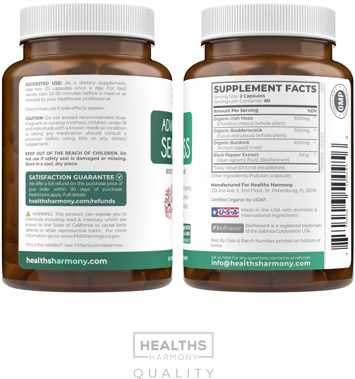 Organic Irish Sea Moss Capsules - Organic Sea Moss Capsules with Bladderwrack Burdock Root and Black Pepper Extract for Enhanced Absorption - Vegan Non-GMO & Made in The USA (2 Month Supply)