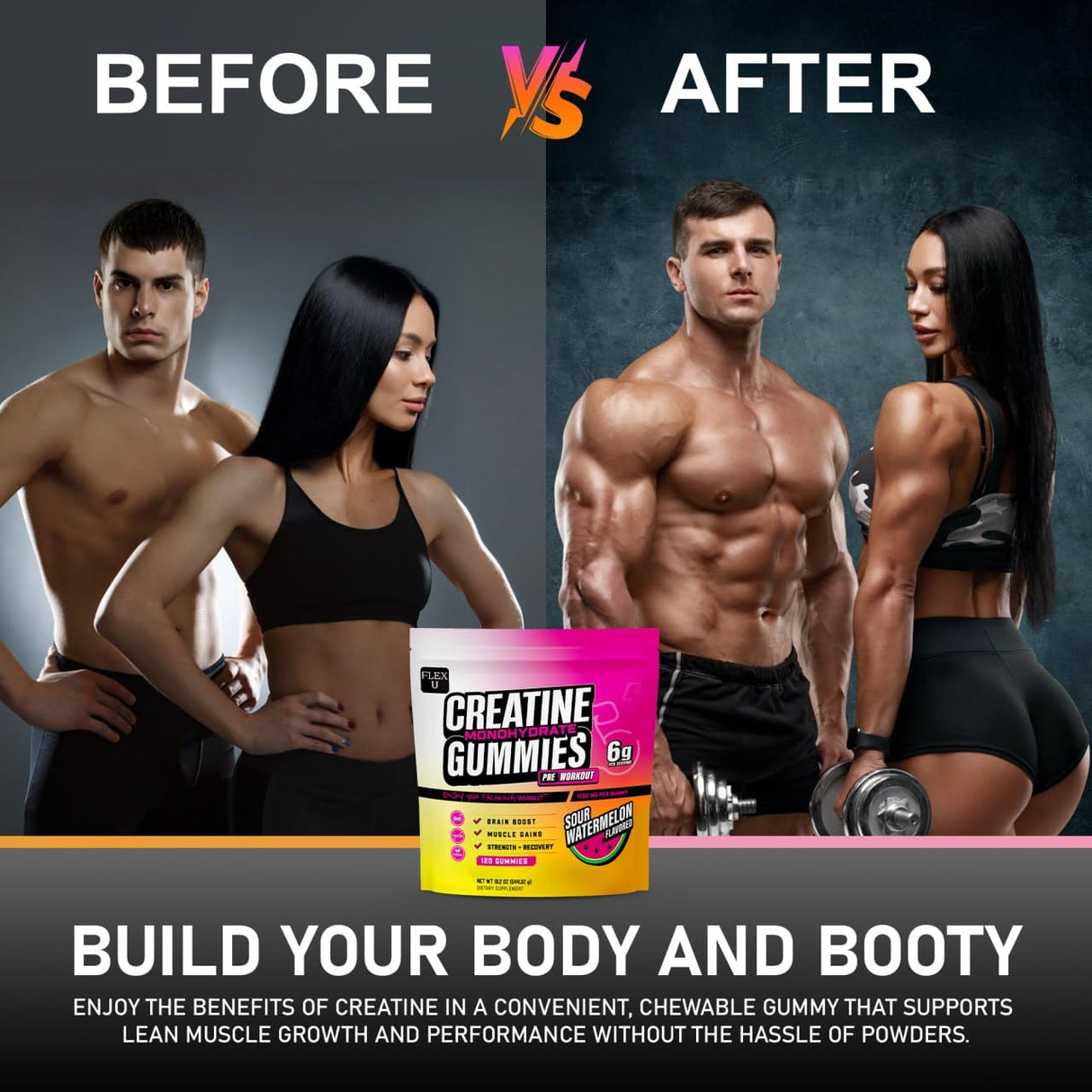 (6g) Creatine Gummies for Men Women, Preworkout Monohydrate Chews with Muscle Growth Gym Gains Builder, Pre Post Workout Recovery Protein NSF Certified Body Building Vegan Supplement Vitamin (120 Ct)